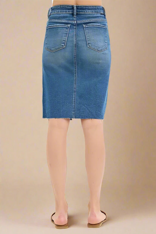 RISEN - Washed Denim Front - Slit Midi Skirt