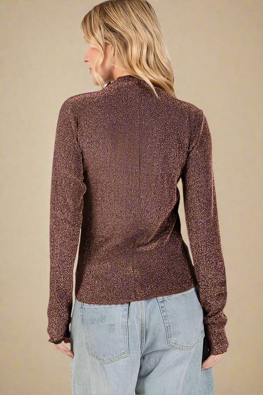SAGE+FIG - Brown Glittery Long Sleeve Mock Neck Top
