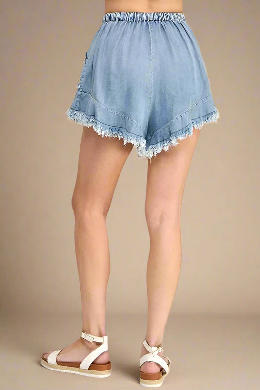 SAGE+FIG - Frayed Hem Washed Denim Drawstring Shorts