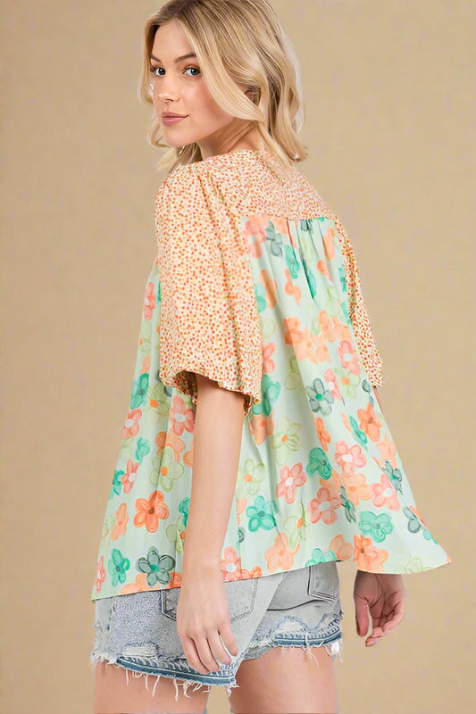 SAGE+FIG - Light Green Button Down Bubble Sleeve Shirt