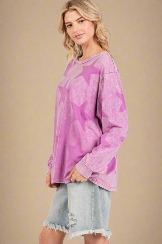 SAGE+FIG - Mineral Wash Star Pattern Long Sleeve T-Shirt in Moonlit Mauve