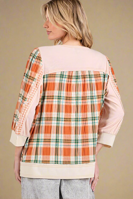 SAGE+FIG - Pink Plaid Button Detail Top