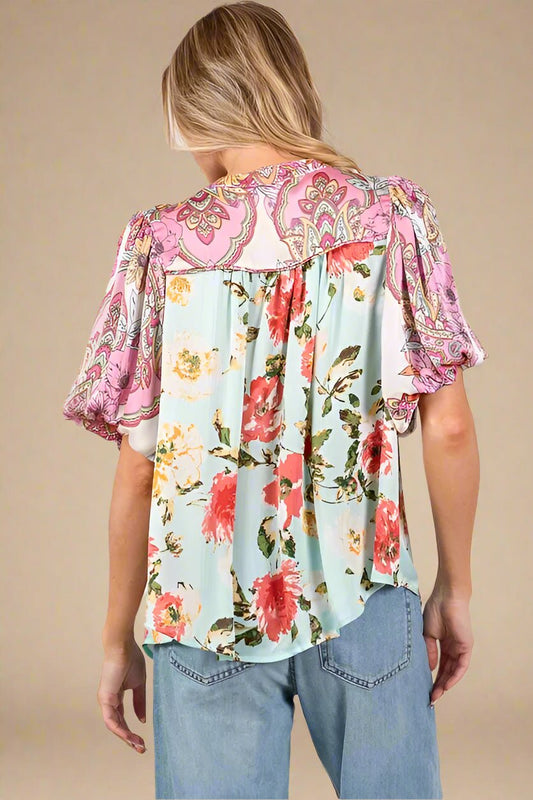 SAGE+FIG - Plus Size Mint Floral & Paisley Mixed Print Button Blouse