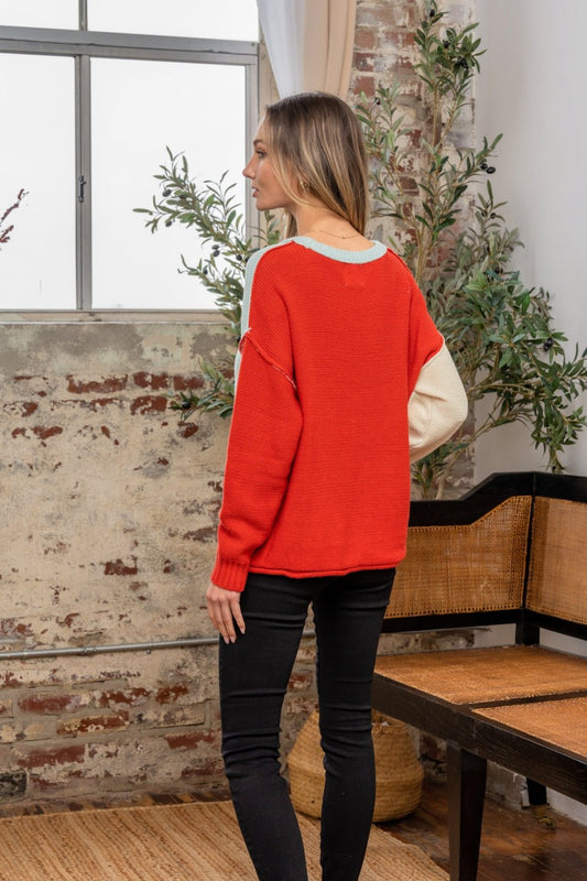 Sew In Love - Color Block Drop Shoulder Sweater in Blue Rust