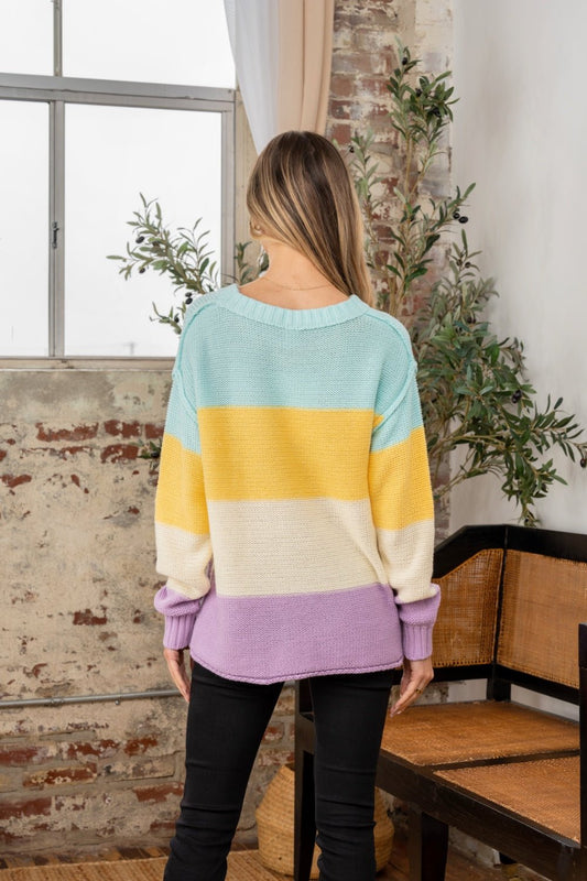 Sew In Love - Color Block Exposed Seams Sweater in Yellow Lilac