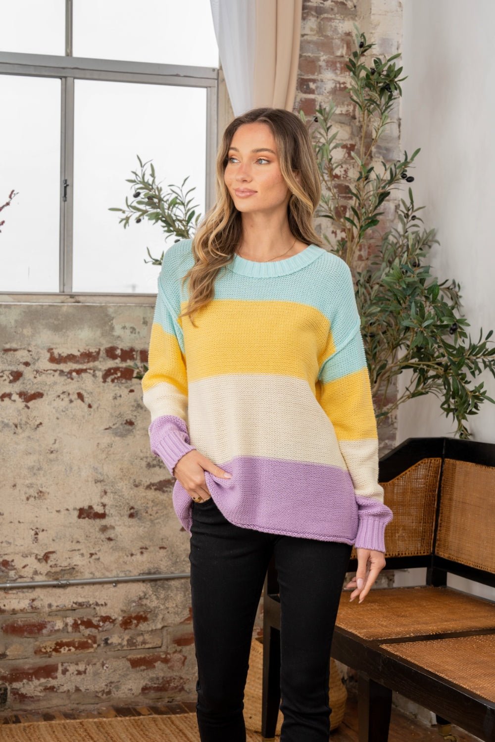 Sew In Love - Color Block Exposed Seams Sweater in Yellow Lilac