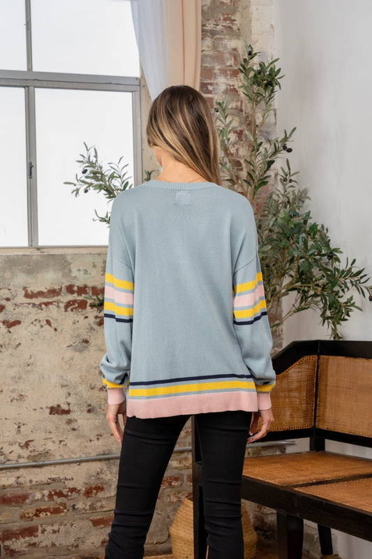 Sew In Love - Contrast Stripes Long Sleeve Sweater in Light Blue