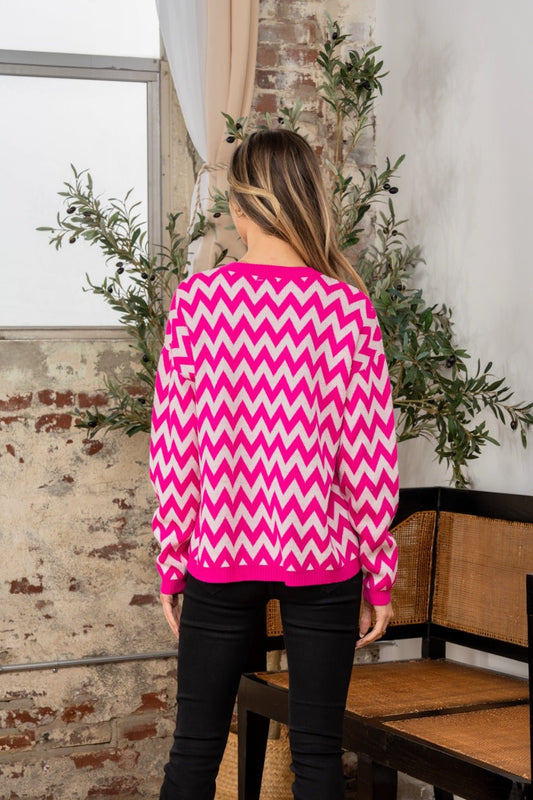 Sew In Love - Wave Stripe Contrast Long Sleeve Sweater in Fuchsia Ivory