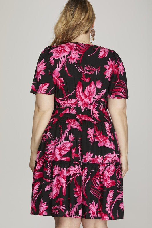 SHE + SKY - Black Floral Short Sleeve Tiered Mini Dress