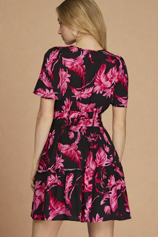 SHE + SKY - Black Floral Short Sleeve Tiered Mini Dress