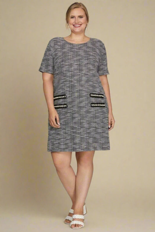 SHE + SKY - Black Short Sleeve Pearl Detail Tweed Mini Dress