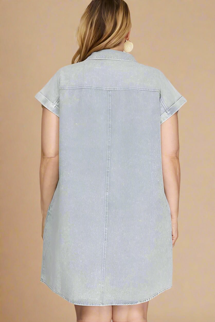 SHE + SKY - Blue - Gray Washed Twill Mini Shirt Dress