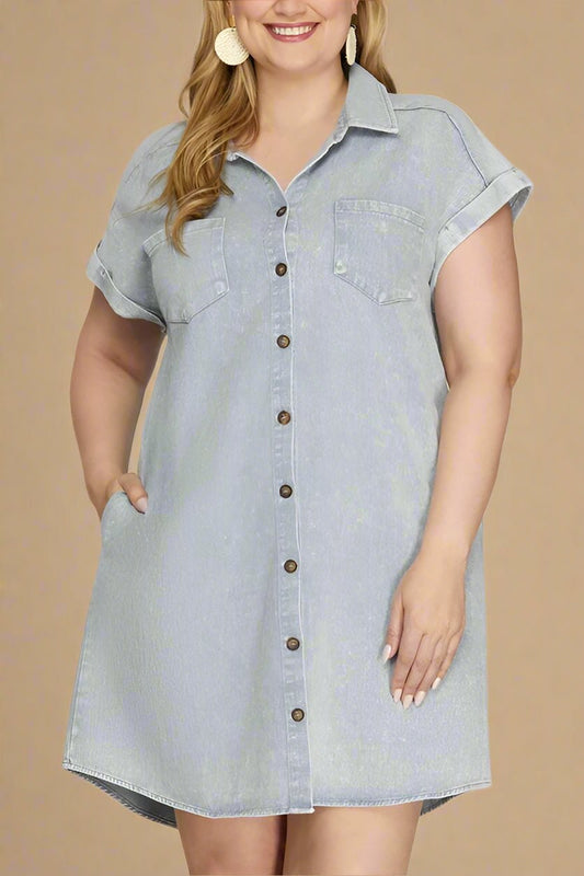 SHE + SKY - Blue - Gray Washed Twill Mini Shirt Dress