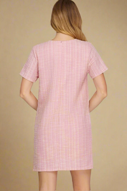 SHE + SKY - Blush Pink Short Sleeve Pearl Detail Tweed Mini Dress