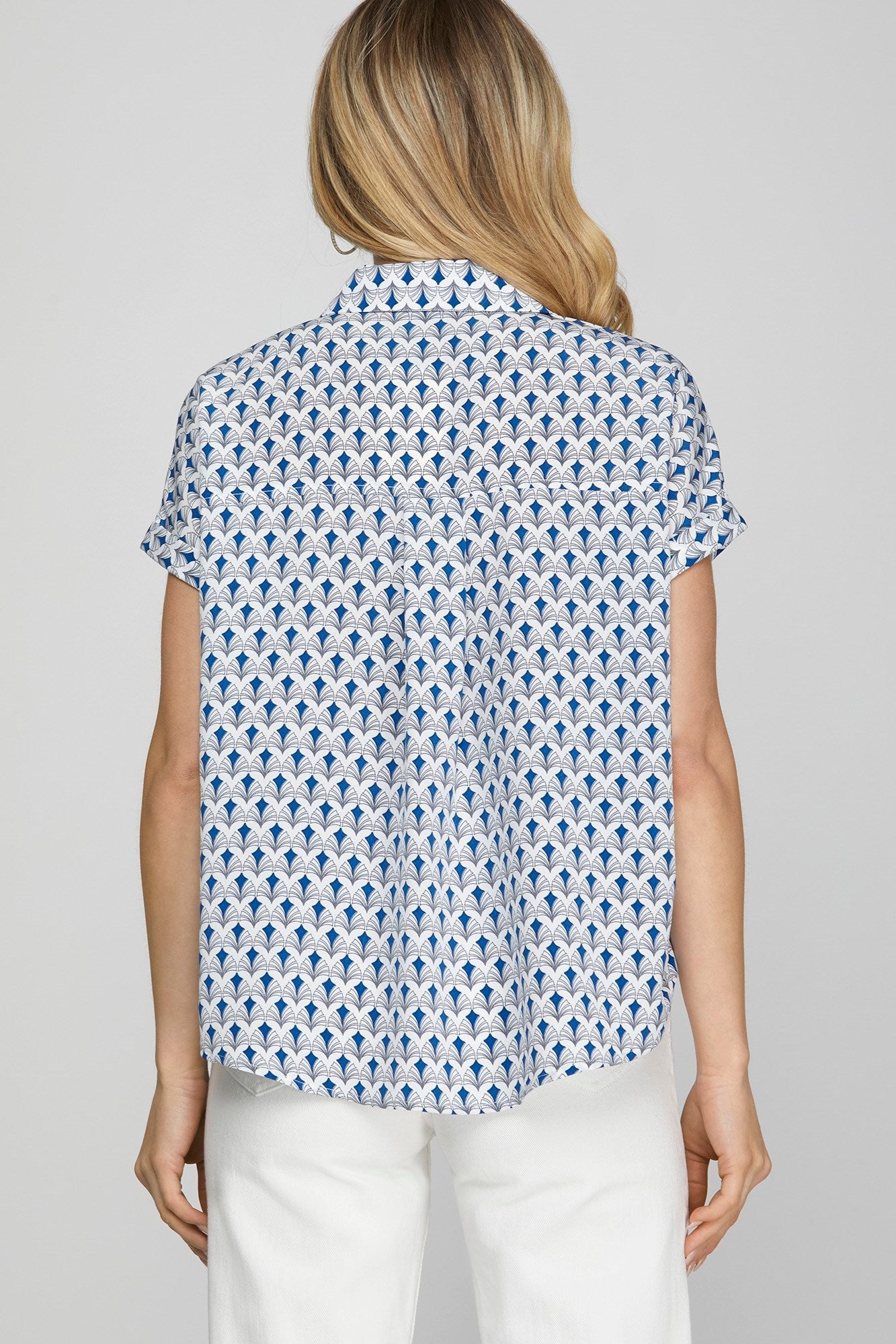 SHE + SKY - Cap Sleeve Button Blouse – Blue Fan Print