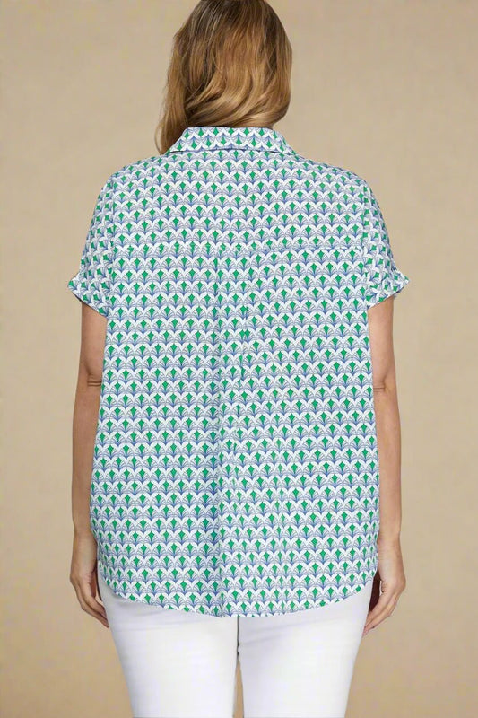 SHE + SKY - Cap Sleeve Button Blouse – Blue & Green Fan Print