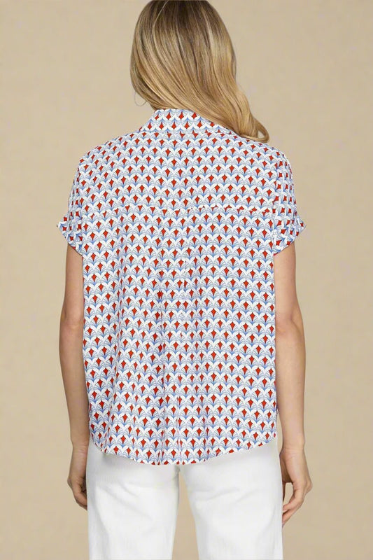 SHE + SKY - Cap Sleeve Button Blouse – Red Fan Print
