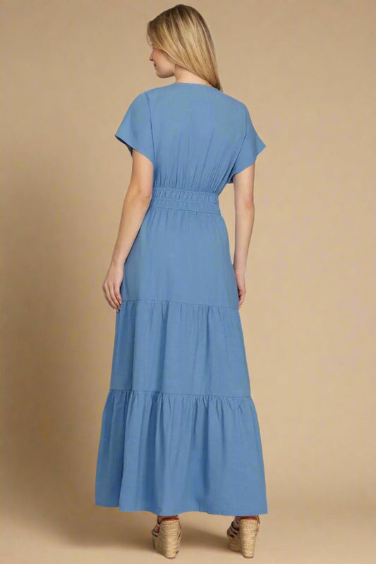 SHE + SKY - Chambray Blue Smocked Tiered Maxi Dress