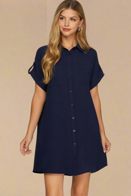 SHE + SKY - Dark Navy Short Sleeve Mini Shirt Dress