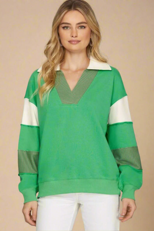 SHE + SKY - Green Color Block French Terry Sweatshirt