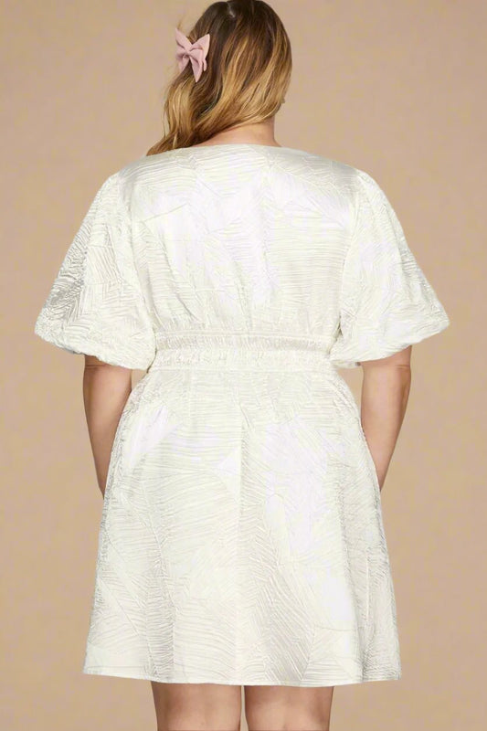 SHE + SKY - Ivory Textured Puff Sleeve Mini Dress