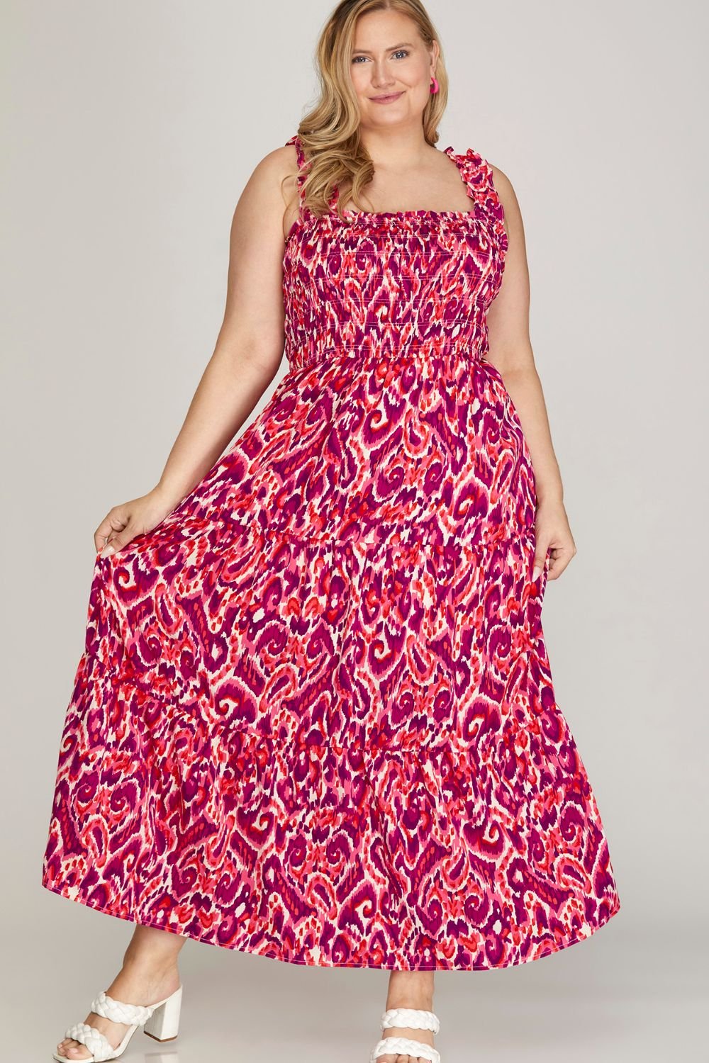 SHE + SKY - Printed Smocked Sleeveless Maxi Dress in Deep Rose