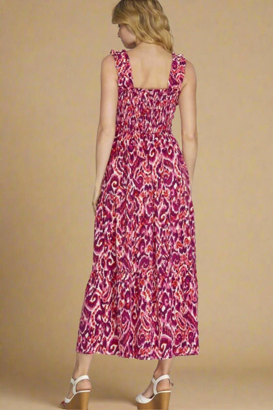 SHE + SKY - Printed Smocked Sleeveless Maxi Dress in Deep Rose