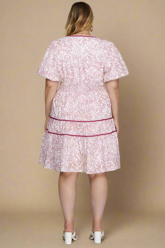 SHE + SKY - Printed V - Neck Puff Sleeve Mini Dress in Berry