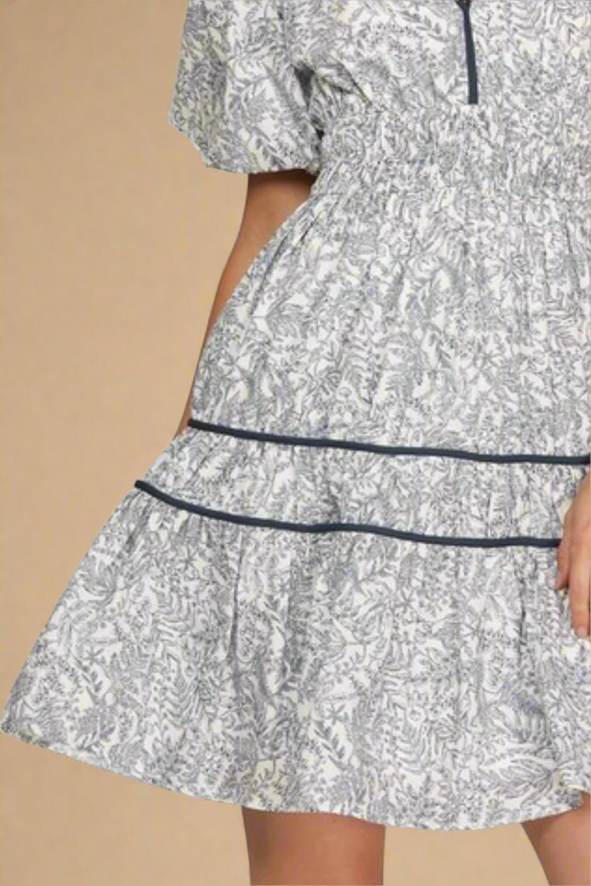 SHE + SKY - Printed V - Neck Puff Sleeve Mini Dress in Deep Teal