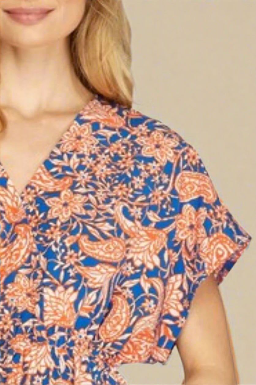 SHE + SKY - Royal Blue Floral Ruffled Short Sleeve Mini Dress