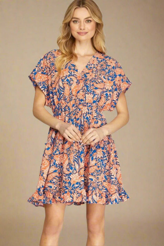 SHE + SKY - Royal Blue Floral Ruffled Short Sleeve Mini Dress