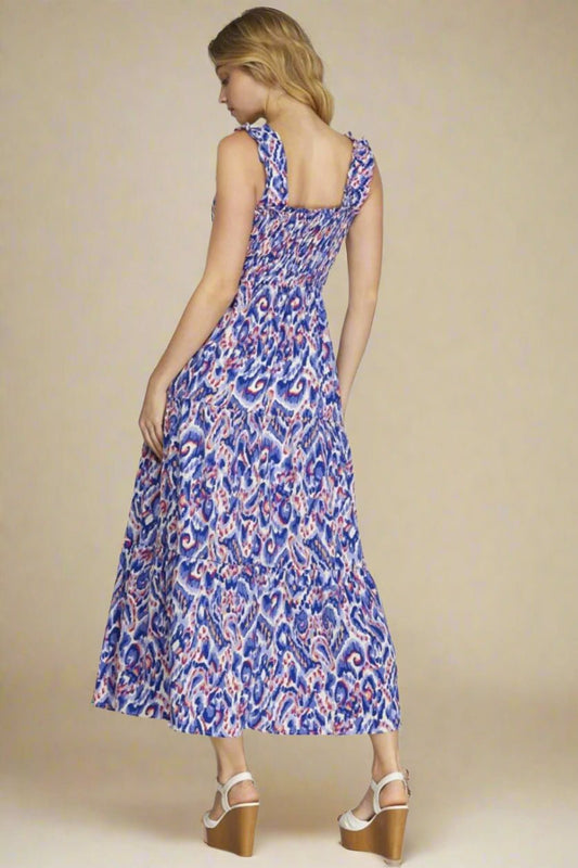 SHE + SKY - Royal Blue Printed Smocked Sleeveless Maxi Dress