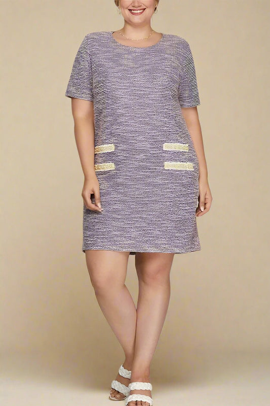SHE + SKY - Short Sleeve Pearl Detail Tweed Mini Dress in Lilac