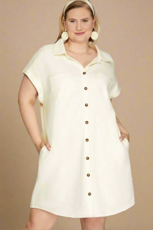 SHE + SKY - Washed Twill Mini Shirt Dress in Ivory
