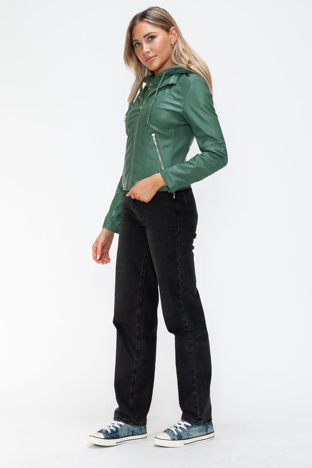 SNOBBISH - Vegan Leather Hooded Jacket in Sage