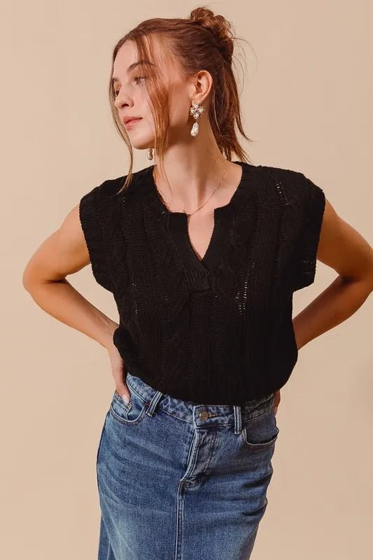 SO ME - Black Cable Knit V - Neck Sleeveless Sweater
