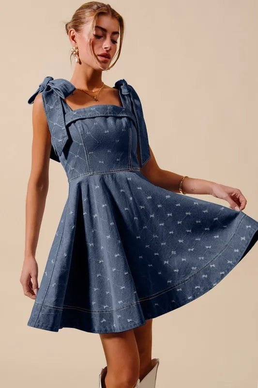 SO ME - Bow Strap Fit & Flare Denim Mini Dress in Washed Indigo