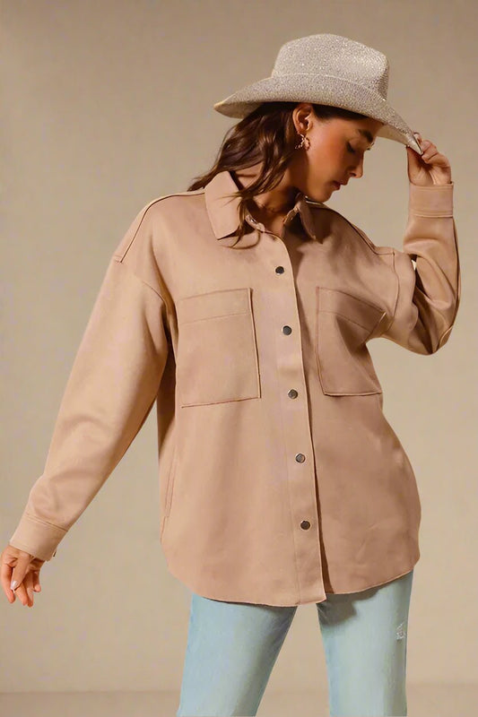 SO ME - Camel Vegan Suede Snap - Up Shacket