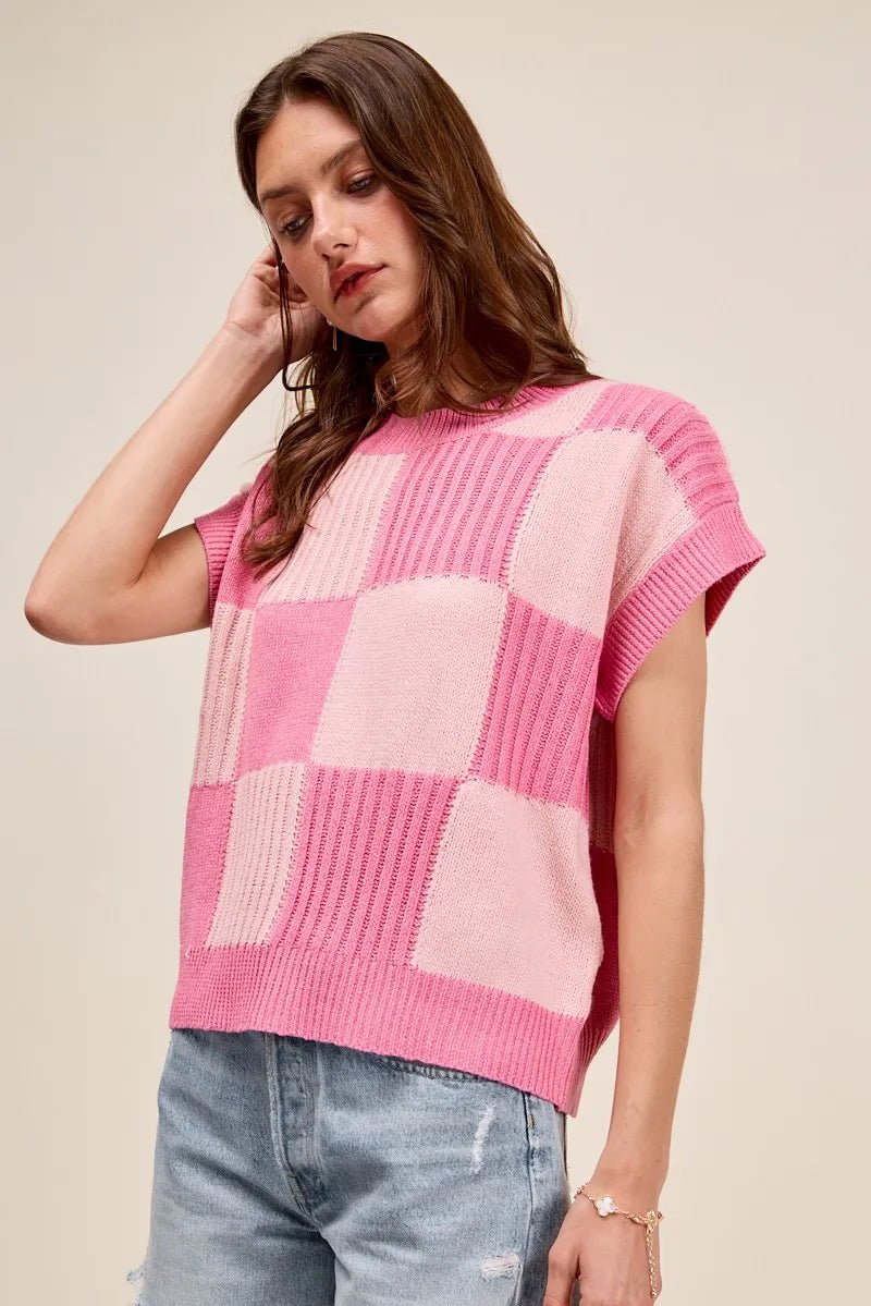SO ME - Colorblock Checker Knit Sweater – Pink Mix