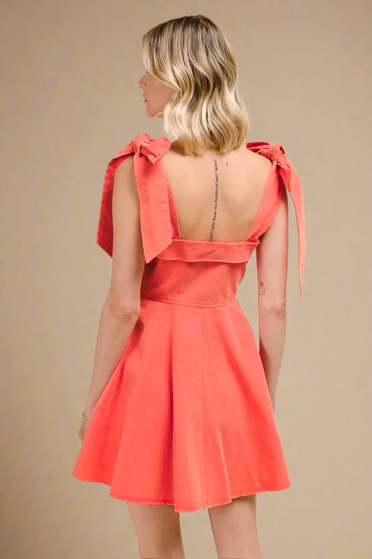 SO ME - Coral Bow Strap Fit & Flare Mini Dress