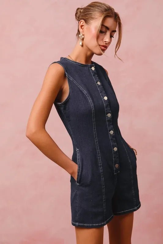 SO ME - Dark Denim Sleeveless Button Romper