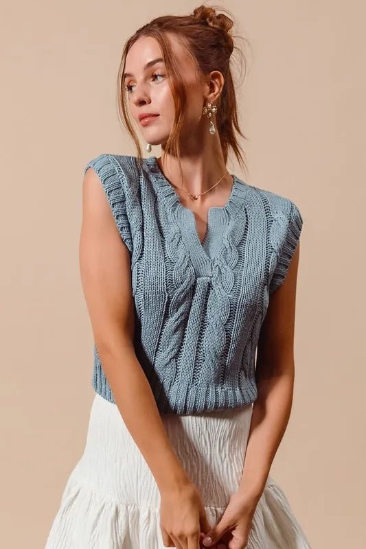 SO ME - Dusty Blue Cable Knit V - Neck Sleeveless Sweater
