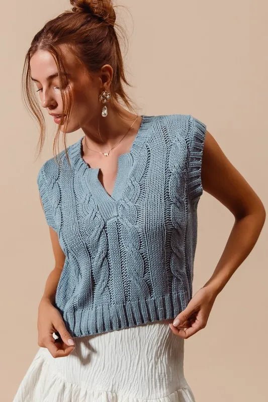 SO ME - Dusty Blue Cable Knit V - Neck Sleeveless Sweater