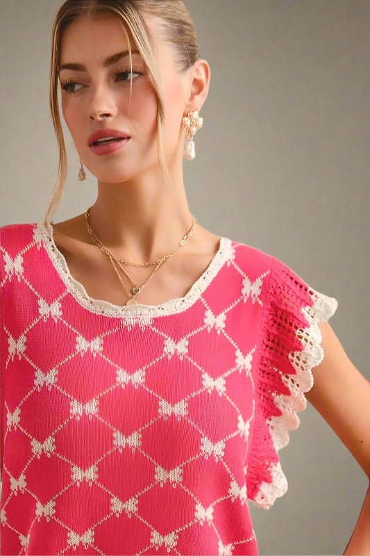 SO ME - Hot Pink & Cream Crochet Trim Bow Knit Top