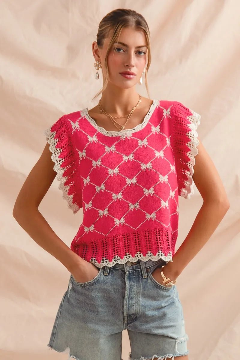 SO ME - Hot Pink & Cream Crochet Trim Bow Knit Top
