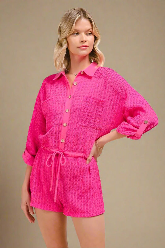 SO ME - Hot Pink Textured Button - Up Romper