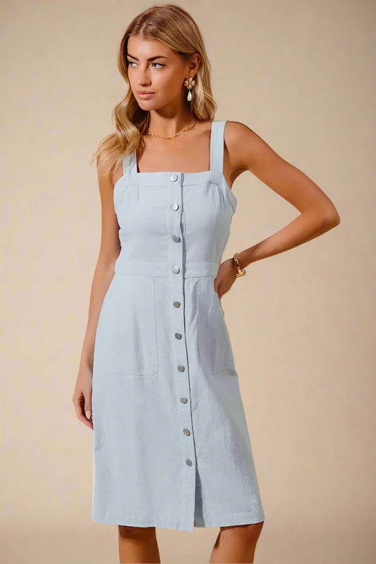 SO ME - Light Chambray Button - Front Midi Dress