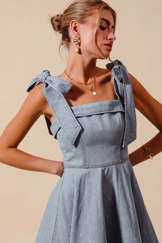 SO ME - Light Denim Bow Strap Fit - and - Flare Mini Dress
