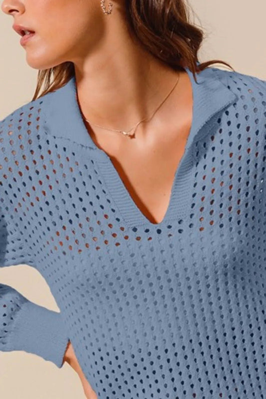 SO ME - Open Knit Collared Sweater in Soft Denim Blue