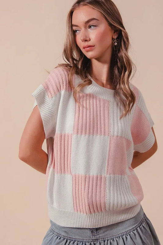 SO ME - Pink & Ivory Checkerboard Knit Cap Sleeve Top